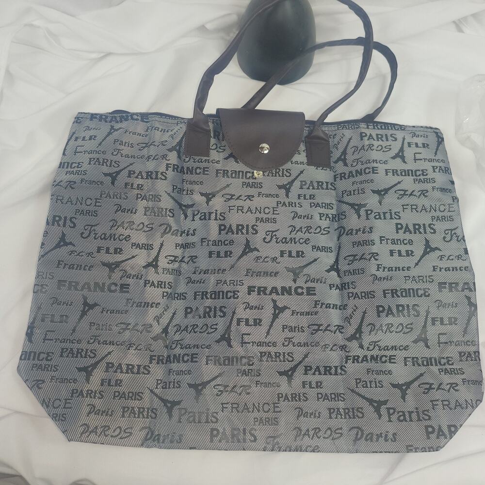 Tote Shopping Bag Silver France Design Foldable Double Handle Shoulder Carry